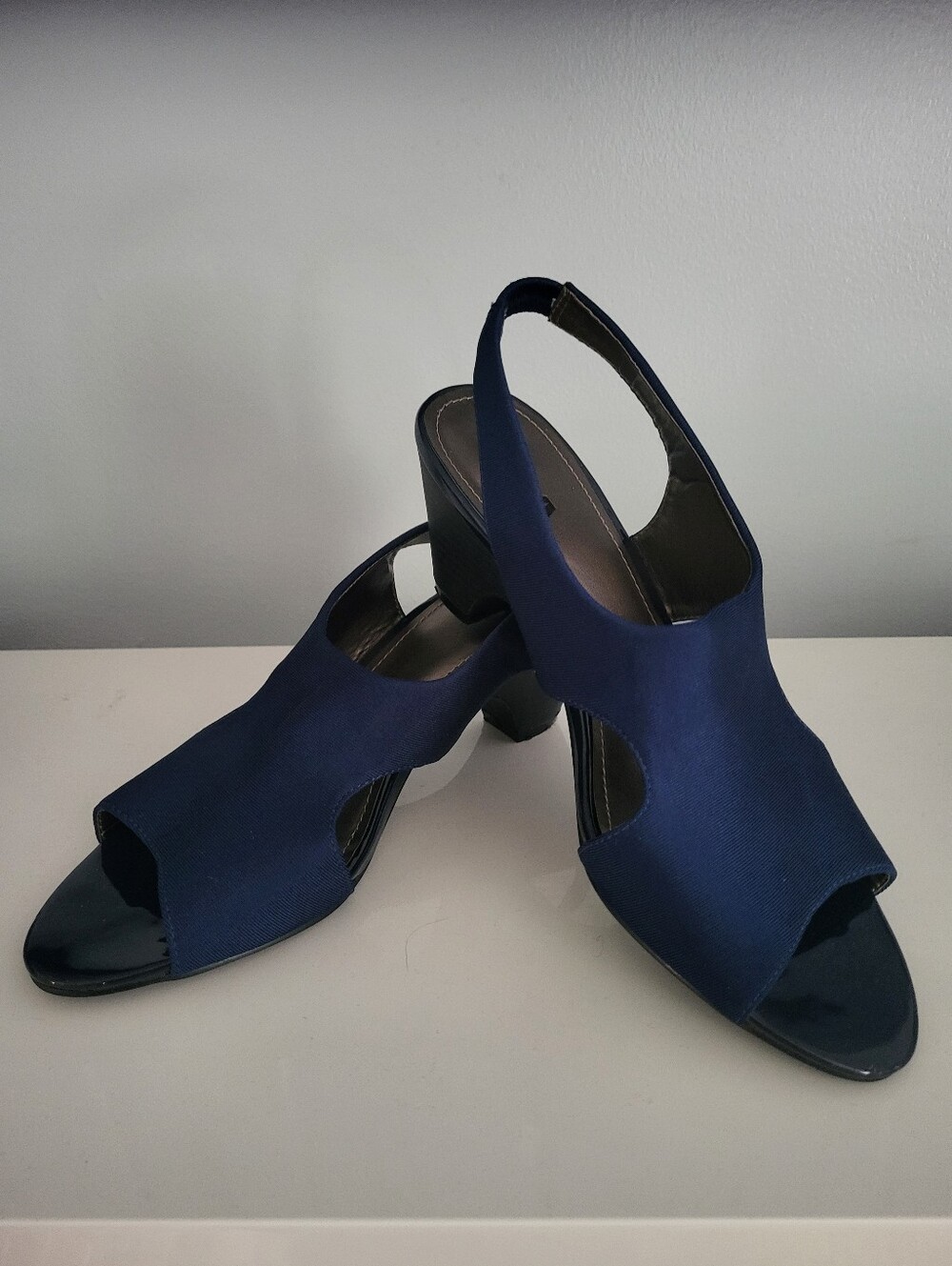 Alia Navy Slingback Peep-Toe Block Heels